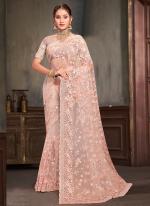 Net Peach Wedding Wear Sequins Work Saree